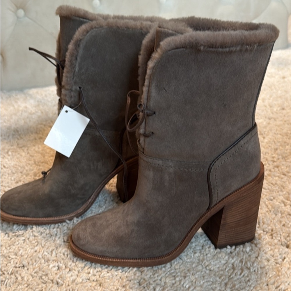 New UGG lamb fur gray tan brown suede heels ankle boots winter women’s 7 soft